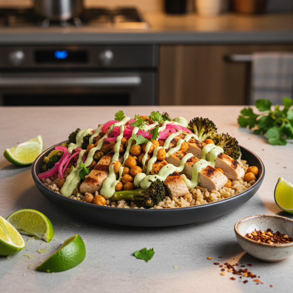 A close-up, eye-level photograph of a colorful, protein-packed grain bowl on a matte charcoal plate, overflowing but neatly arranged. Juicy grilled chicken strips, vibrant roasted chickpeas, bright pickled red onions, charred broccoli, and fresh herbs sit atop fluffy farro, with a creamy avocado yogurt drizzle zigzagged on top. The bowl rests on a pale concrete countertop with scattered lime wedges and a tiny bowl of chili flakes nearby. Warm pendant lighting from above creates soft, inviting highlights on the glossy vegetables and tender meat, with gentle shadows for depth. The background fades into a subtle bokeh of a modern kitchen, hinting at a playful, unfussy cooking space. Photographic realism, bold colors, and a dynamic yet approachable composition that screams “not your boring diet food.”