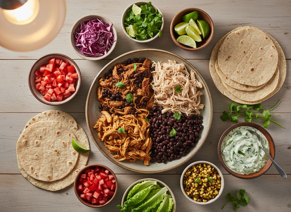 A playful, photographic top-down image of a “build-your-own” taco night spread designed for a weight-loss meal plan, laid out on a natural wood table. A large central platter holds juicy shredded chicken and seasoned black beans, both glistening and piled generously. Surrounding it are small bowls of vibrant toppings: shredded red cabbage, diced tomatoes, charred corn, fresh cilantro, lime wedges, and a tangy Greek yogurt salsa. Warm, cozy overhead lighting creates lively highlights and soft shadows, making everything look irresistibly fresh and bold. A few open whole-grain tortillas and lettuce cups sit ready to be filled, angled to guide the eye around the scene. The mood is energetic and fun, emphasizing abundance, flavor, and smart choices without any clinical or restrictive feel.