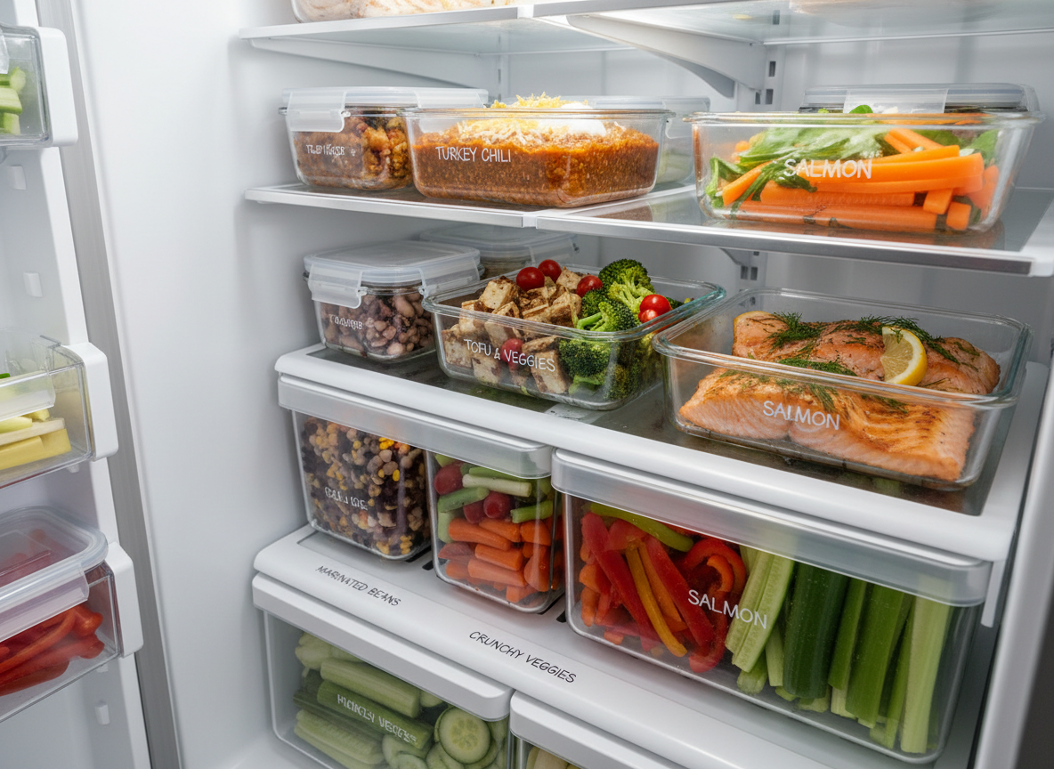 A high-angle photographic shot of a tidy, modern fridge interior organized for a week of protein-forward weight-loss meals. Clear containers line the shelves, each brimming with colorful, hearty dishes: turkey chili, grilled tofu with vegetables, baked salmon, marinated beans, and pre-cut crunchy veggies. Labeled lids and stacked positions create a sense of order and ease. Soft, cool fridge lighting combines with a hint of daylight from the open door, creating crisp highlights on the glass and the moist, freshly-cooked textures of the food. The composition leads the eye from front to back with a shallow depth of field, keeping the nearest containers in sharp detail. The mood is optimistic and empowering, suggesting that bold, satisfying meals are prepped and ready for a busy, health-focused week.