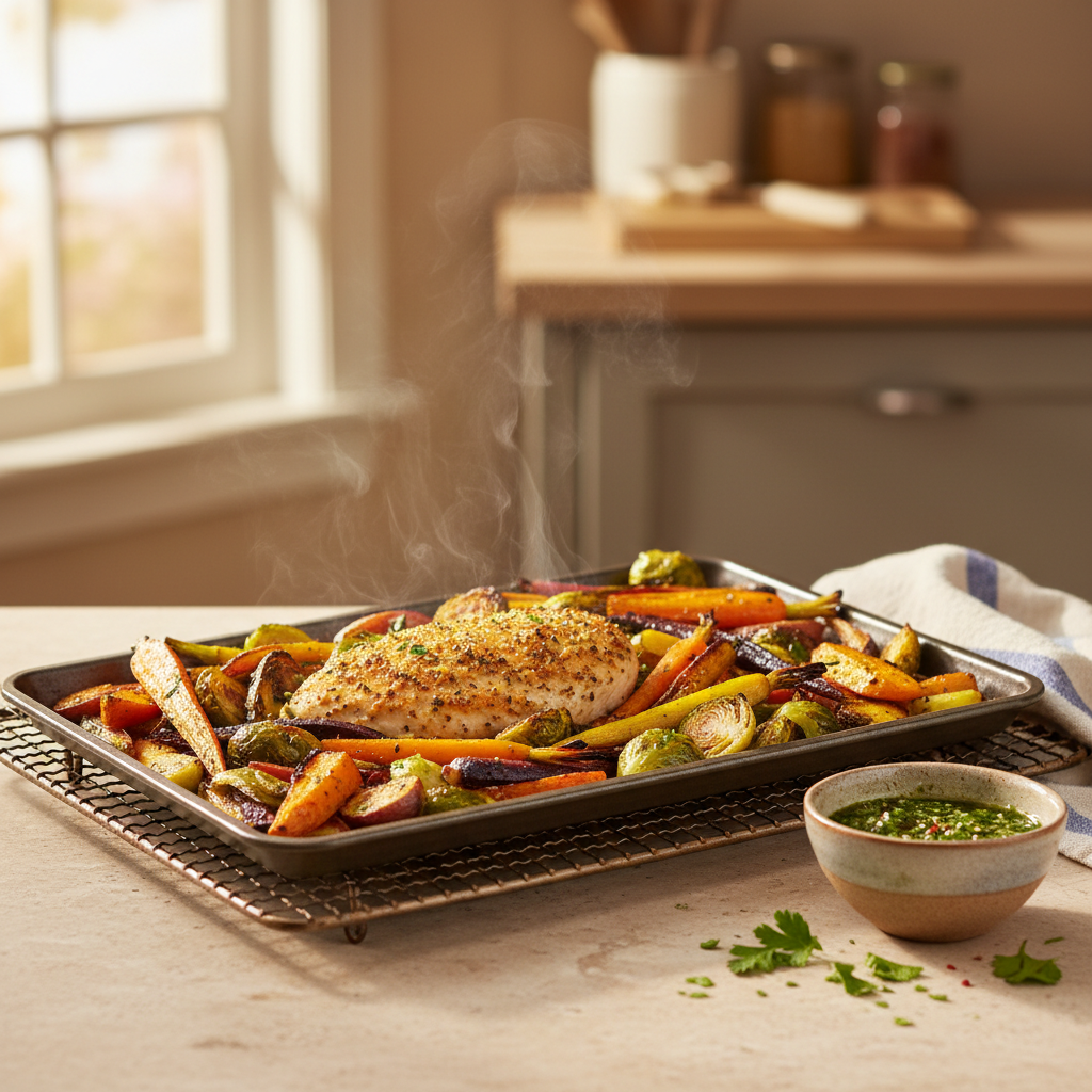 A cozy, eye-level photograph of a single-serving sheet pan dinner pulled straight from the oven, set on a rustic metal cooling rack over a light stone countertop. The pan is loaded with a generous portion of herb-crusted chicken breast, caramelized Brussels sprouts, rainbow carrots, and golden sweet potato chunks, all slightly charred at the edges and glistening with olive oil. Wisps of steam rise against a softly blurred, warm-toned kitchen backdrop. Golden hour sunlight from a nearby window washes over the scene, amplifying the rich colors and textures, while creating soft, elongated shadows. A folded striped kitchen towel and a small bowl of bright green chimichurri complete the playful, homey vibe. Photographic realism, bold and comforting, emphasizing how simple, one-pan cooking can still be exciting and weight-loss friendly.