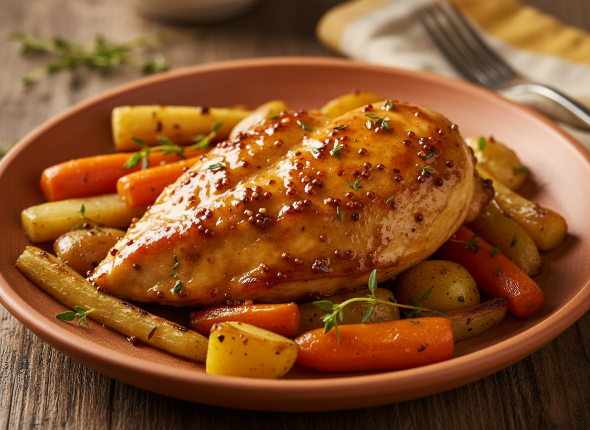 Maple Dijon Chicken on a ceramic plate with roasted vegetables