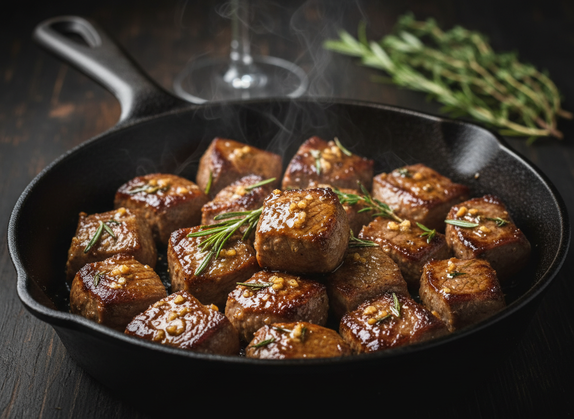 Garlic Butter Steak Bites sizzling in a cast iron skillet