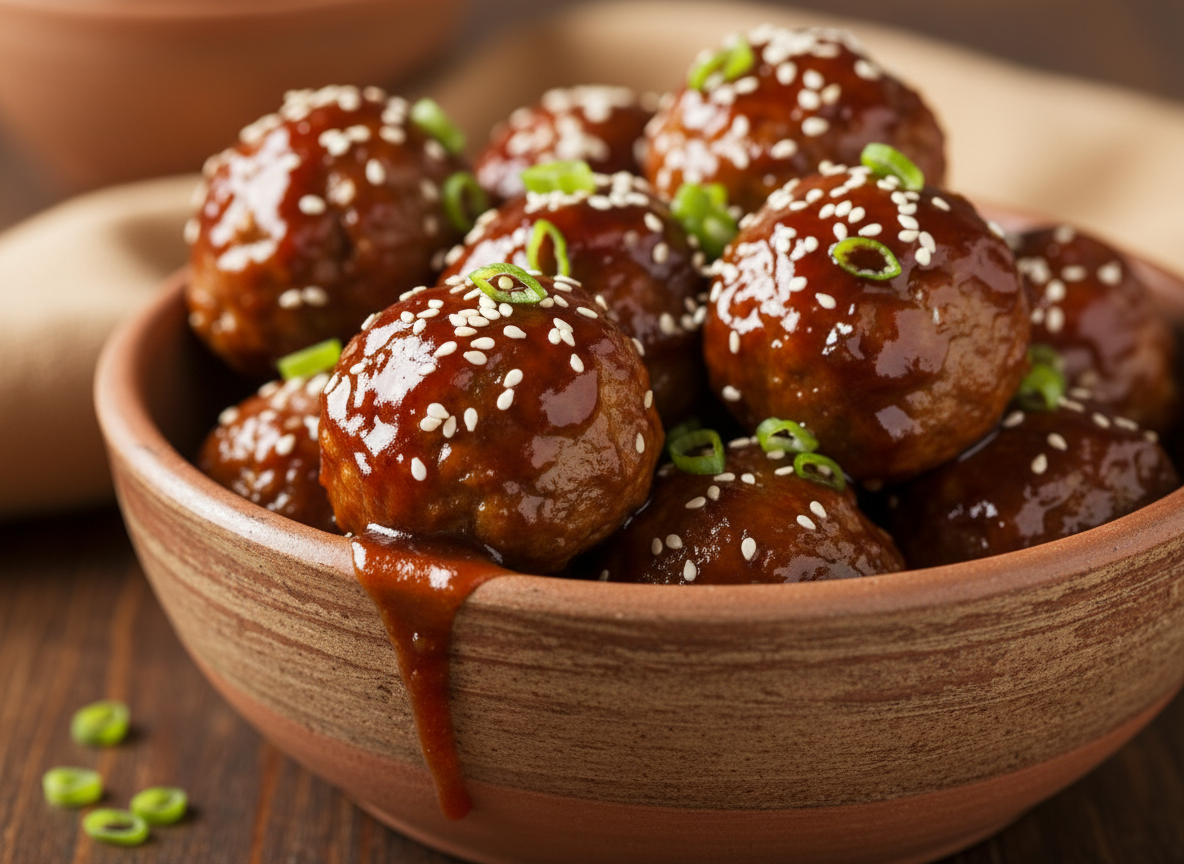 Sticky Bourbon Turkey Meatballs in a rustic bowl with sesame and green onions